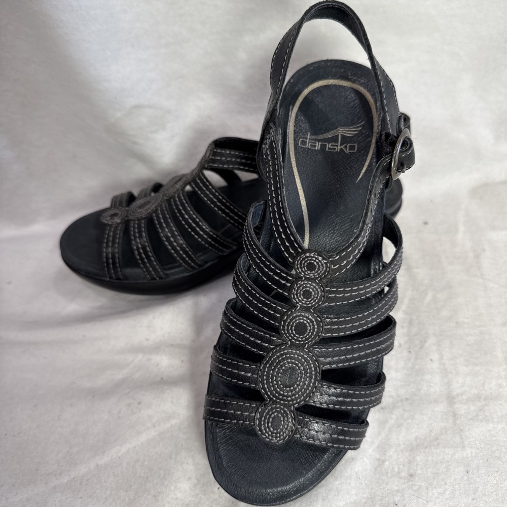 Dansko Black Leather Buckle Wedge Adjustable Strap Sandals 37 US 6.5/7 Shoes